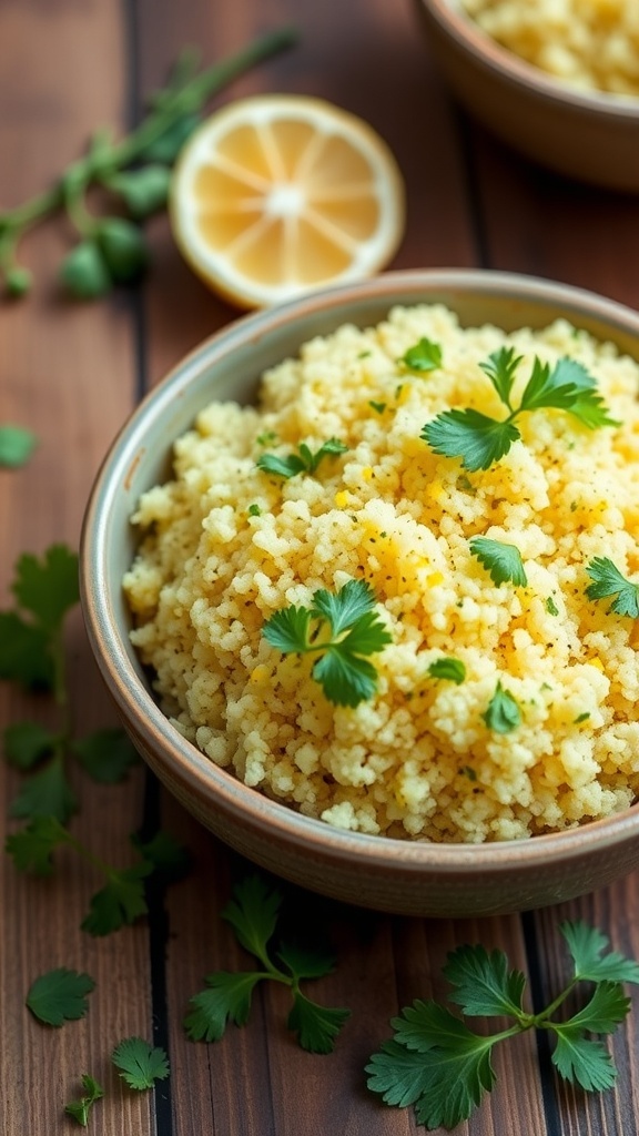 Lemon Herb Quinoa Side Dish A bowl of lemon herb quinoa garnished with parsley and cilantro, served with lemon wedges on a wooden table.